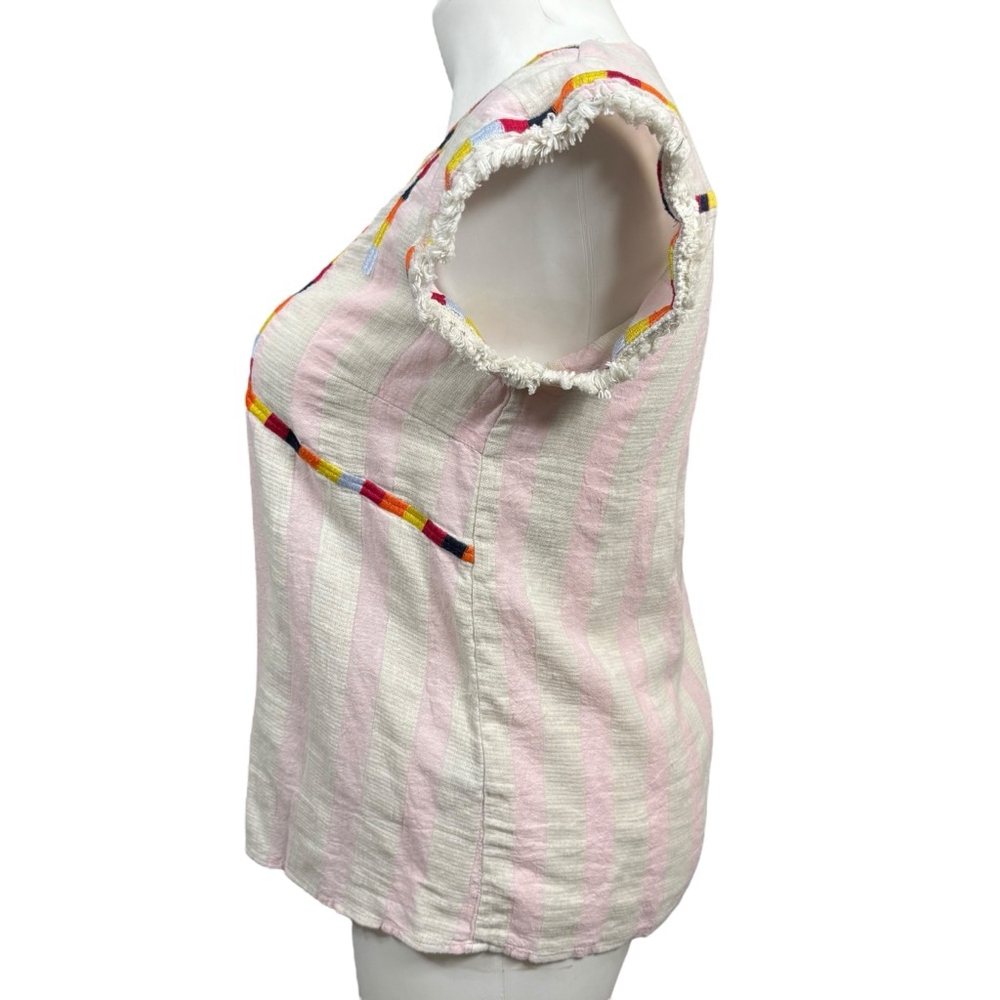 THML White Pink Stripe Multicolor Embroidered Short Sleeve Top L - Picture 6 of 9